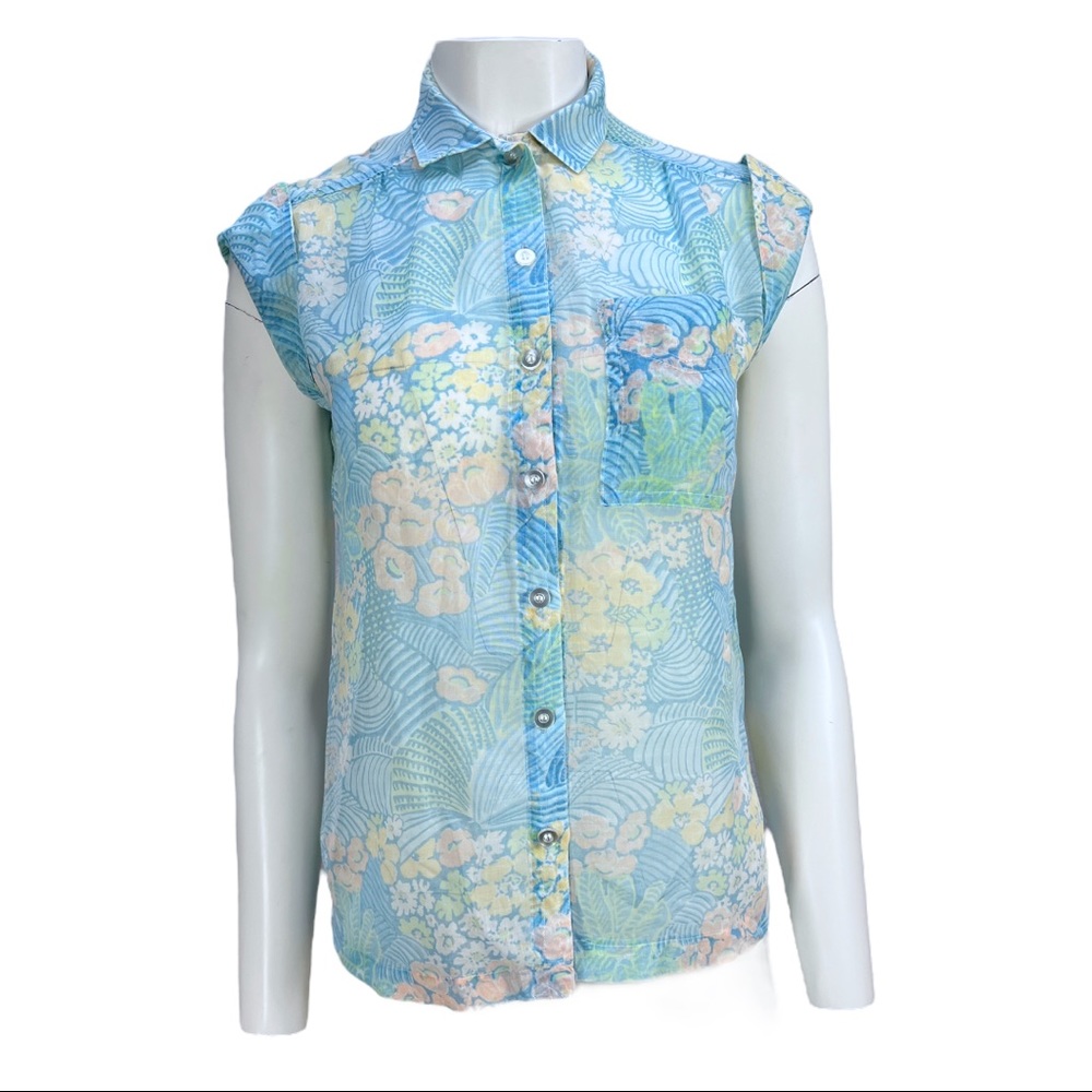 Vintage College Town Semi Sheer Floral print 
button down Top